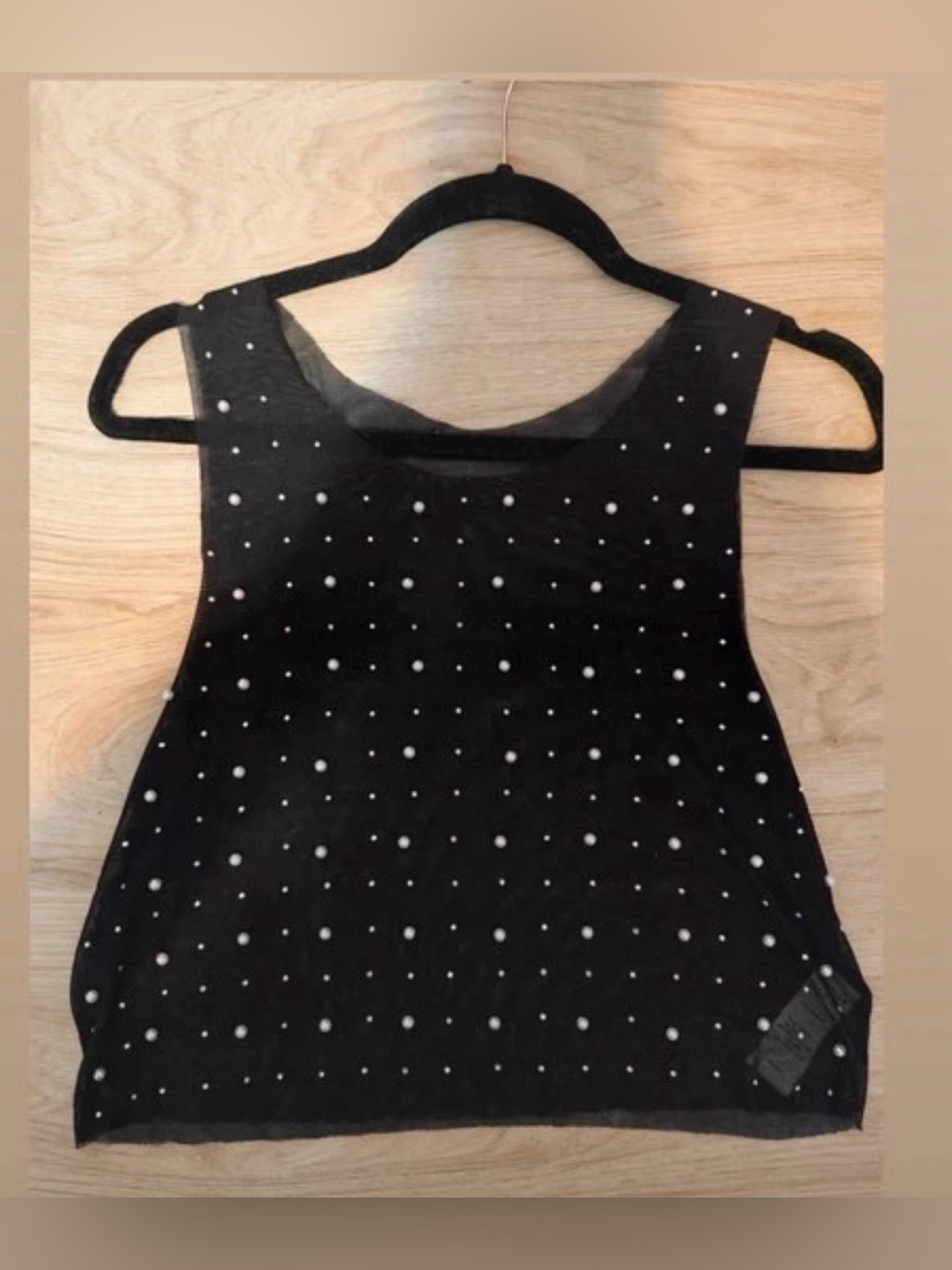 Black Sleeveless Mesh Tank with Pearl Accent